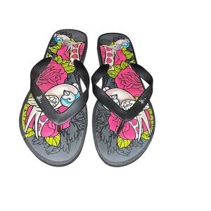 L.A. Ink retro vintage y2k flip flop sandals black pink rose bird tattoo 9